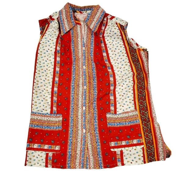 Vintage 70s Red Boho Belted Tunic Collared Smock Sleeveless Floral Shirt L/XL - Picture 3 of 10
